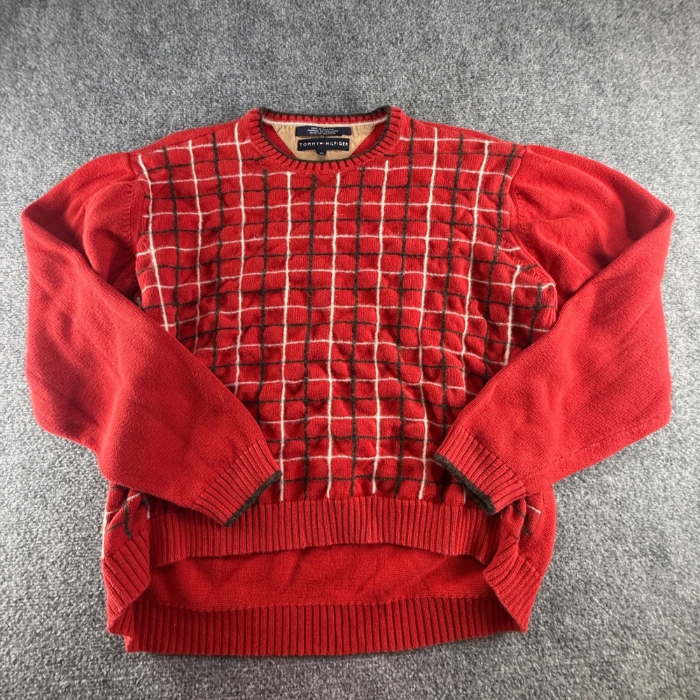 Tommy Hilfiger Mens Red Windowpane Grid Textured Crewneck Sweater XL 0662